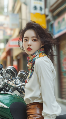 Stylish Japanese woman on motorcycle in city vibe