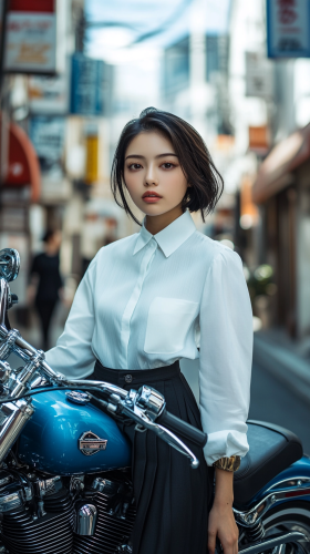Stylish Japanese woman with Harley-Davidson in luxurious city