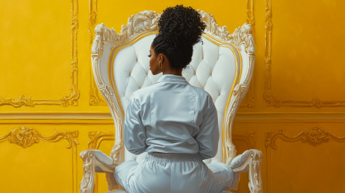 Stylish Nia Long in painters coveralls on throne chair.