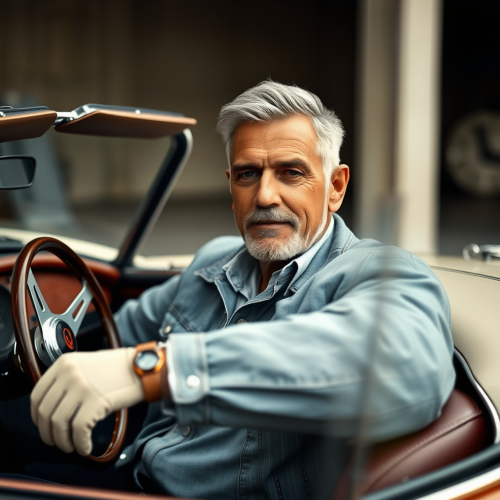 Stylish Older Man Driving Vintage Sports Car