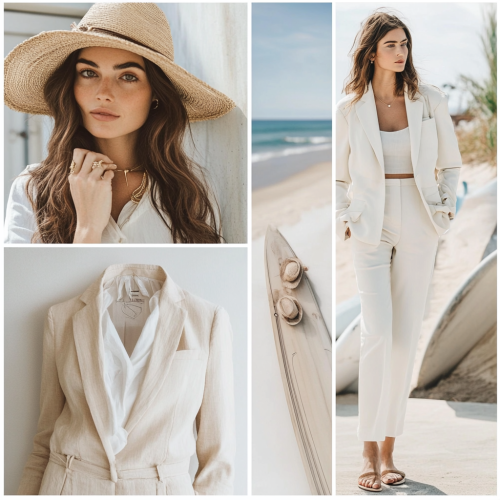 Stylish coastal attire for a brunette by the sea