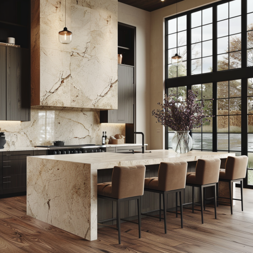 Stylish modern kitchen with cream and brown accents.