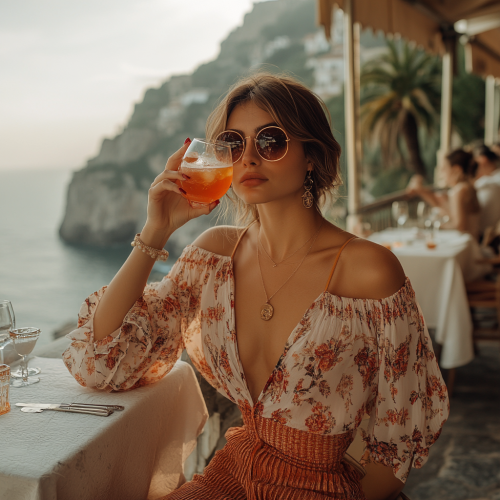 Stylish woman in cafe on Italian coast