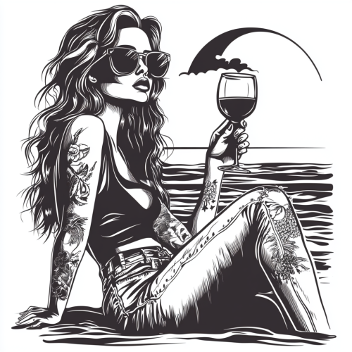 Stylish woman with wine at sunset by sea