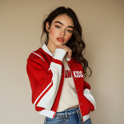 Stylish young girl wears red jacket