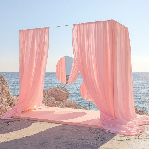 Summer-themed Podcast Corner with Pink Chiffon Curtains
