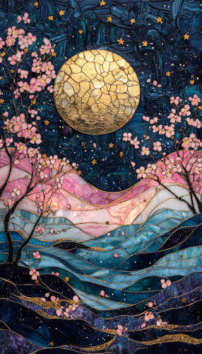 Sun, moon, stars, opal stained glass, cherry blossoms. Sun, moon, stars, opal stained glass, cherry blossoms.