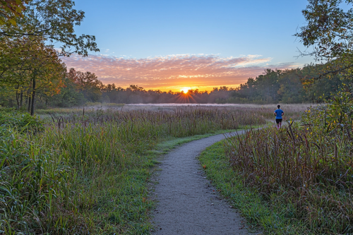 Sun rises over serene running trail