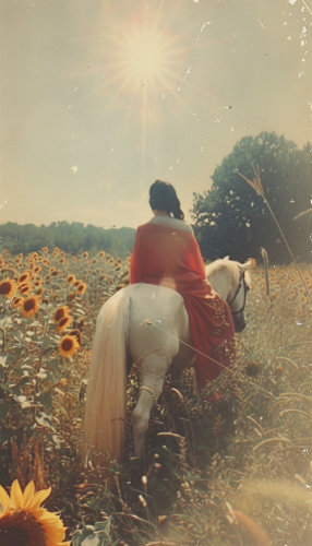 Sun shining above baby on horse in sunflower forest.