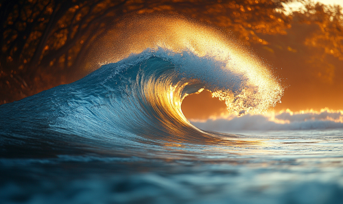 Sun shining on big blue wave splashing