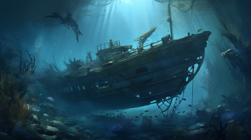 Sunken ship under moonlight in calm ocean