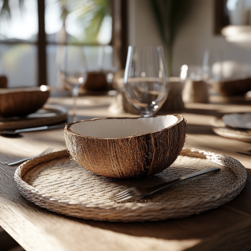 Sunlight on coconut flatware dining table scene