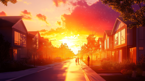 Sunlit suburban neighborhood, glistening homes, cheerful people.