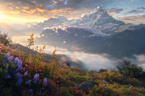 Sunrise over misty mountains, wildflowers, snow-capped peaks, 8K. Sunrise over misty mountains, wildflowers, snow-capped peaks, 8K.