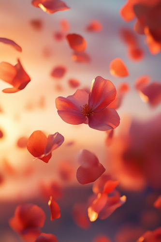 Sunset Landscape with Flower Petals in the Wind