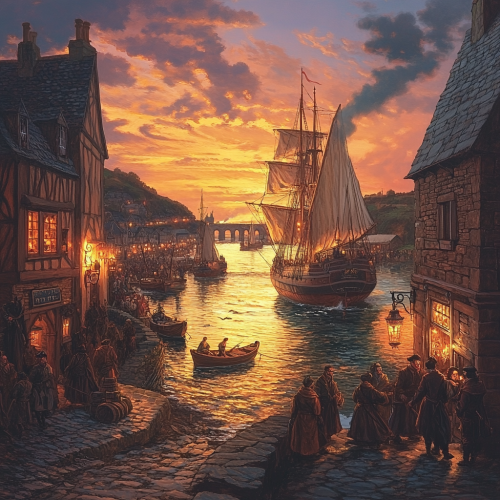 Sunset in Cornish Harbour: 18th Century Scene Sunset in Cornish Harbour: 18th Century Scene