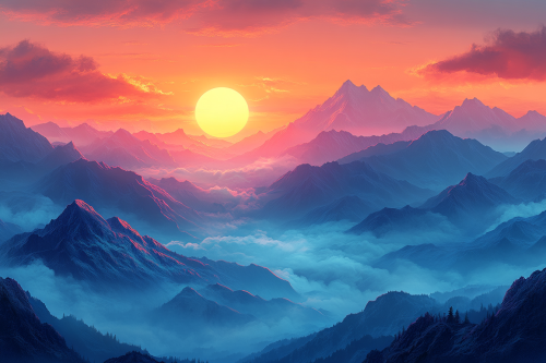 Sunset in High Mountains, Yellow-Orange Light