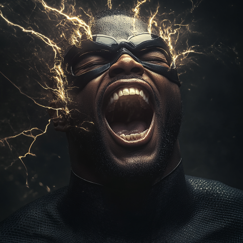 Superhero man yells with sound waves from mouth