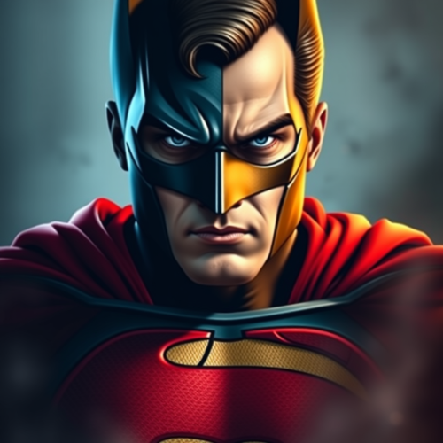 Superman and Batman combined into one superhero face.