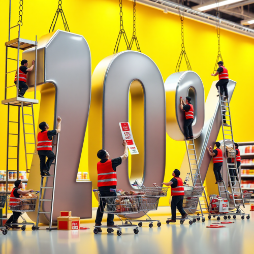 Supermarket Employees Constructing Giant Discount Sign