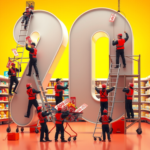 Supermarket Workers Assembling Giant Discount Number