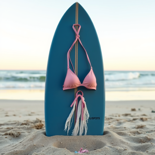 Surfboard in sand with bikini top hanging
