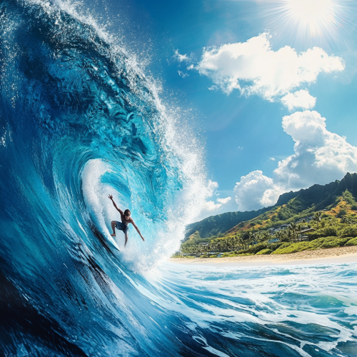 Surfer conquering huge Hawaiian wave under clear blue sky.