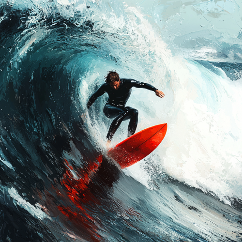 Surfer in black wetsuit riding big wave on red surfboard.