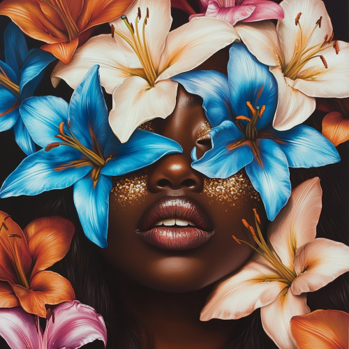 Surreal Artistic Portrait of a Melanated Girl with Lilies