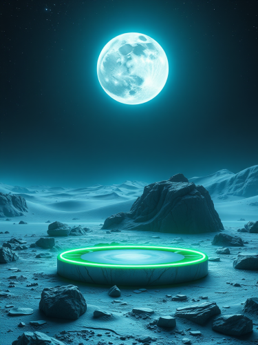 Surreal Cosmic Scene with Neon Green Metallic Platform