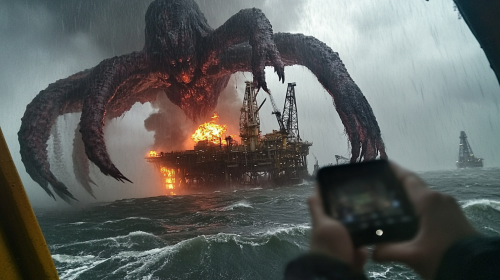Surreal Cthulu destroys oil rig in stormy weather