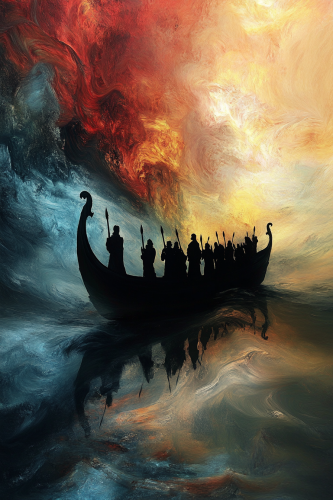 Surreal Viking ship on colorful sea with silhouettes