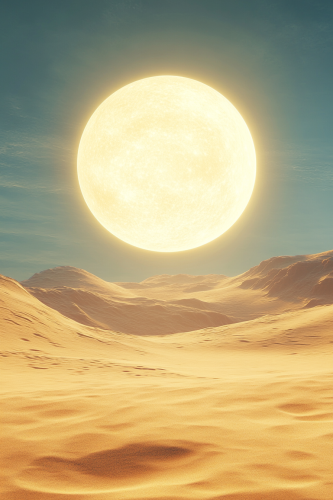 Surreal atmosphere with bright sky, yellow sand desert.