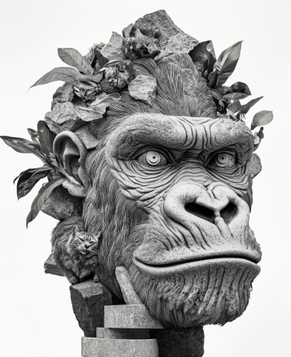 Surreal comic drawing of ancient stone gorilla head.