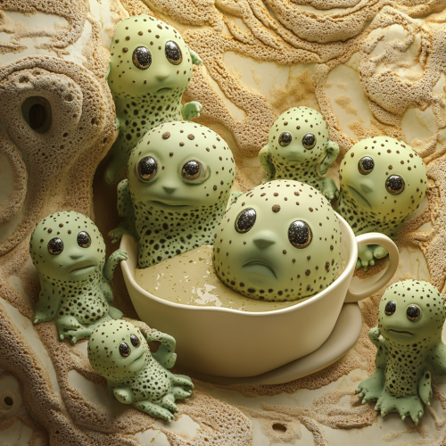 Surreal dessert sculpture with pistachio monsters and espresso