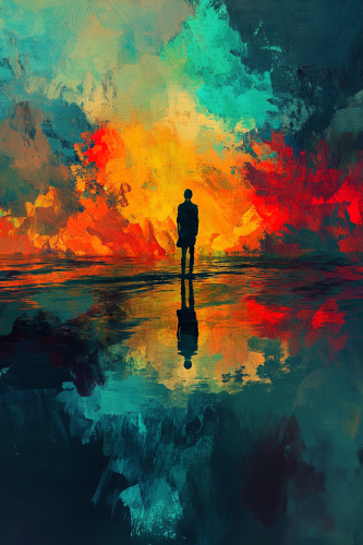 Surreal silhouette floats in colorful sky and water