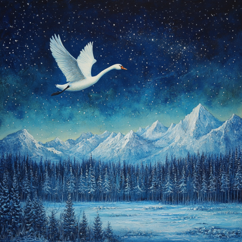 Swan flying under starry night over snowy forest