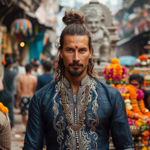 Swedish football player in traditional Indian attire at festival.