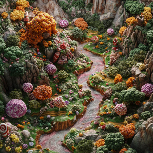 Sweet Candyland Landscape: Chocolate Rivers, Lollipop Trees