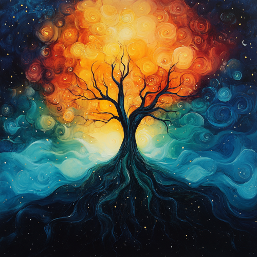 Swirling light and energy with root systems intertwined.