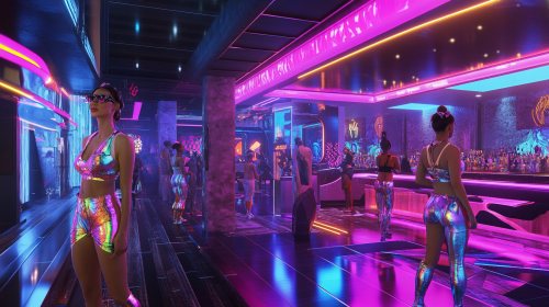 Syd Mead realistic rendering of neon club outfits.