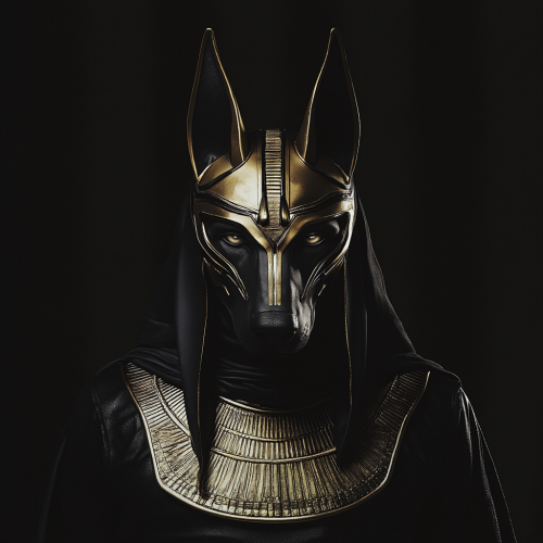 Symmetrical Godly Anubis in Pharaoh Helmet on Dark Background