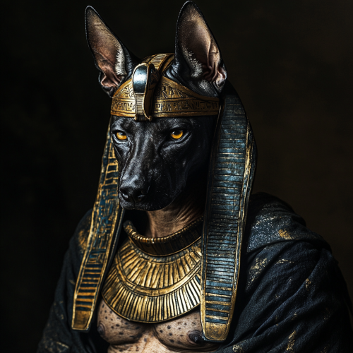 Symmetrical realistic photo of Anubis with Pharaoh helmet
