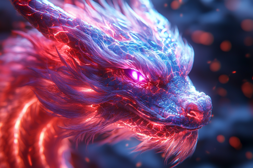 Synthwave 3D cartoon dragon made of neon fibers.