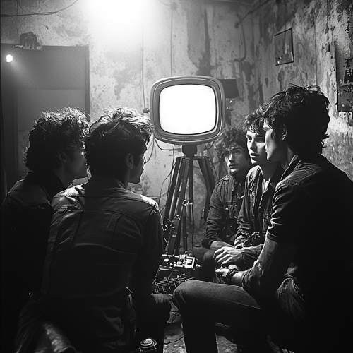 TV studio with 11 band members chatting and laughing.