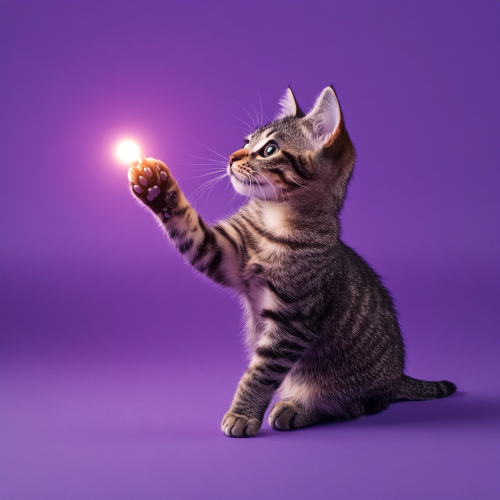 Tabby Cat Reaching for Object on Purple Background