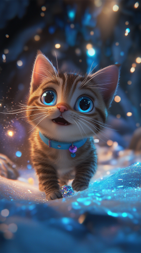 Tabby cat explores magical ice cave with crystals