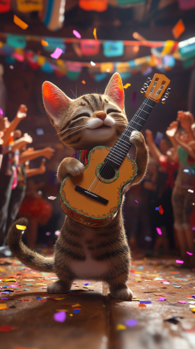Tabby cat rock star concert with mariachi band