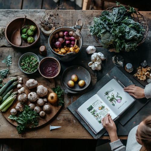 Table with recipe book, woman cooking vegetables, plum color.