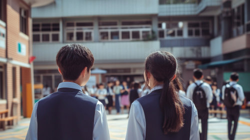 Taiwanese high school courtyard with chatting students Taiwanese high school courtyard with chatting students